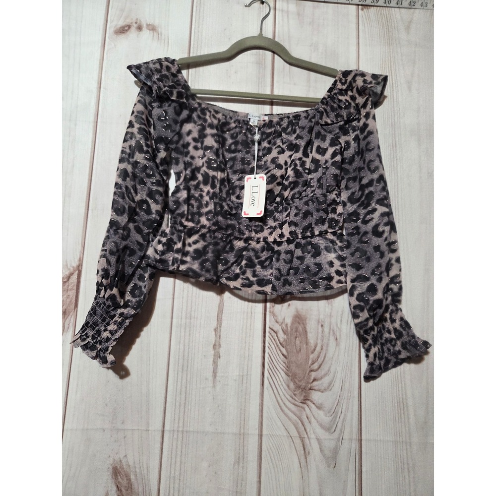 L Love Leopard Print Off Shoulder Crop Top Metallic Gold Accents Small Mob Wife